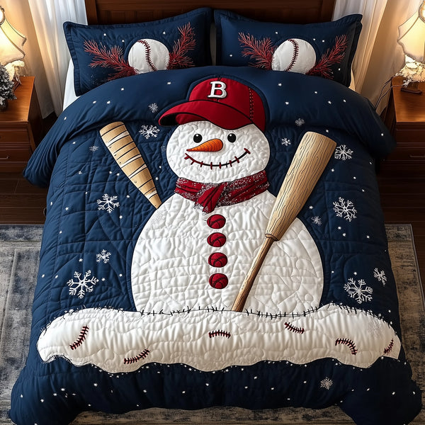 Baseball Snowman quilted 3-piece bedding set on a made bed in a winter-styled bedroom
