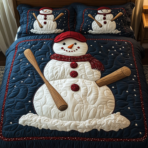 Baseball Snowman quilted 3-piece bedding set on a made bed in a winter-styled bedroom