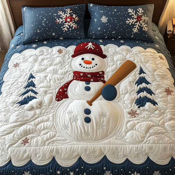 Baseball Snowman quilted 3-piece bedding set on a made bed in a winter-styled bedroom