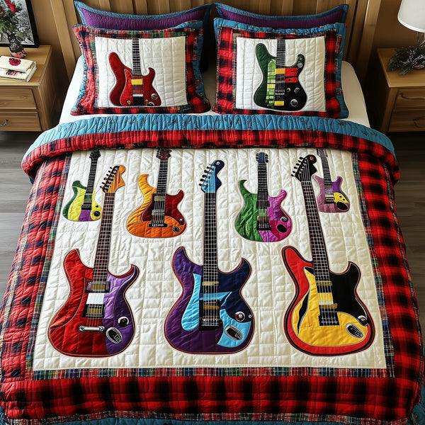Electric Guitar Collection quilted 3-piece bedding set on a made bed with two matching pillow shams