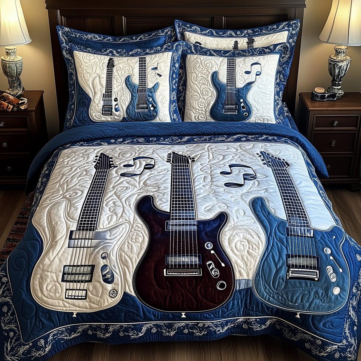 Blue Rock and Roll 3-Piece Quilted Bedding Set - Design 2 — quilt and two matching pillow shams