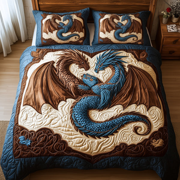 Aurora of Dragons quilted 3-piece bedding set on a made bed with two matching pillow shams