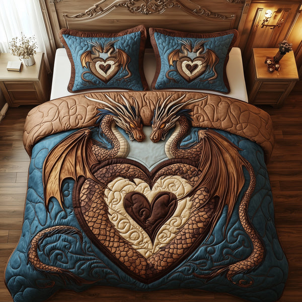 Aurora of Dragons quilted 3-piece bedding set on a made bed with two matching pillow shams