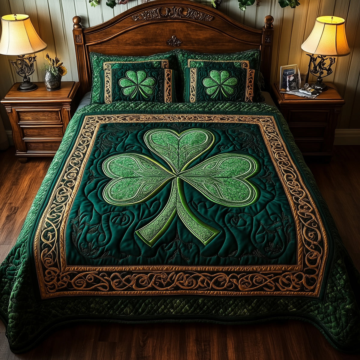 Celtic Shamrock 3-Piece Quilted Bedding Set - Design 6 — quilt and two matching pillow shams