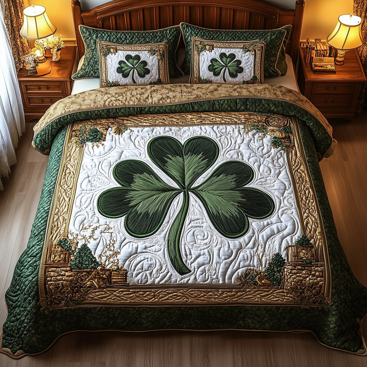 Celtic Shamrock 3-Piece Quilted Bedding Set - Design 7 — quilt and two matching pillow shams