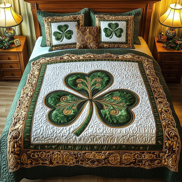 Celtic Shamrock quilted 3-piece bedding set on a made bed with two matching pillow shams