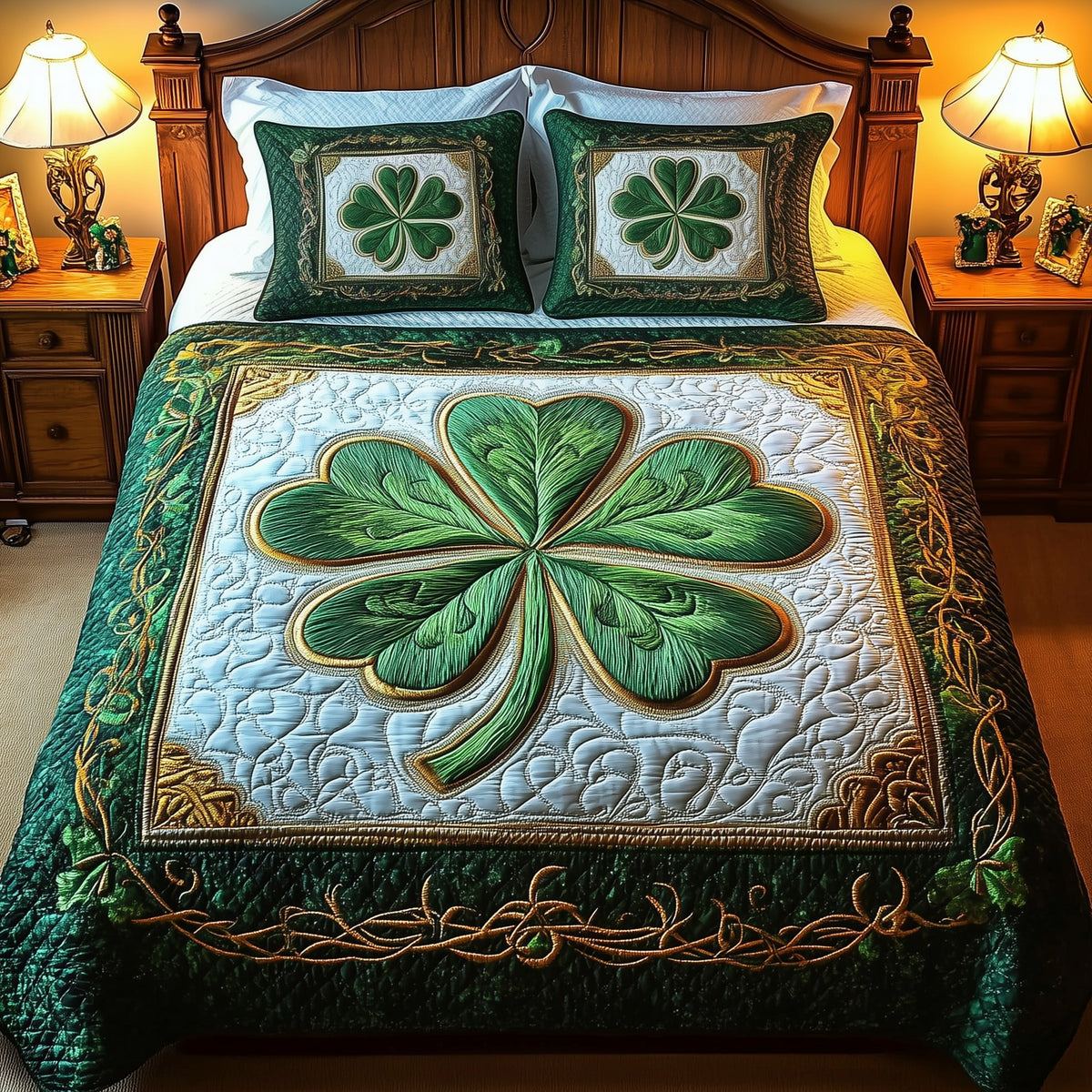 Celtic Shamrock 3-Piece Quilted Bedding Set - Design 15 — quilt and two matching pillow shams