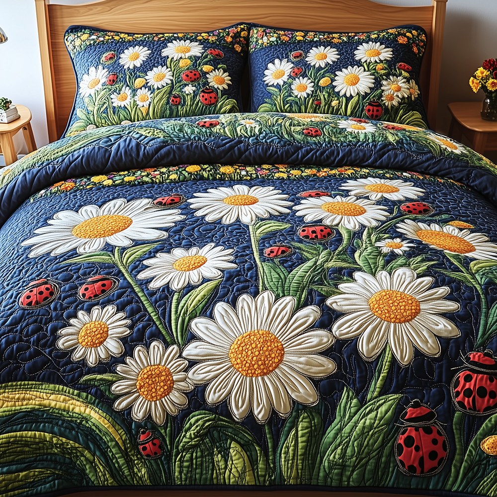 Daisy Garden 3-Piece Quilted Bedding Set - Design 6 — quilt and two matching pillow shams