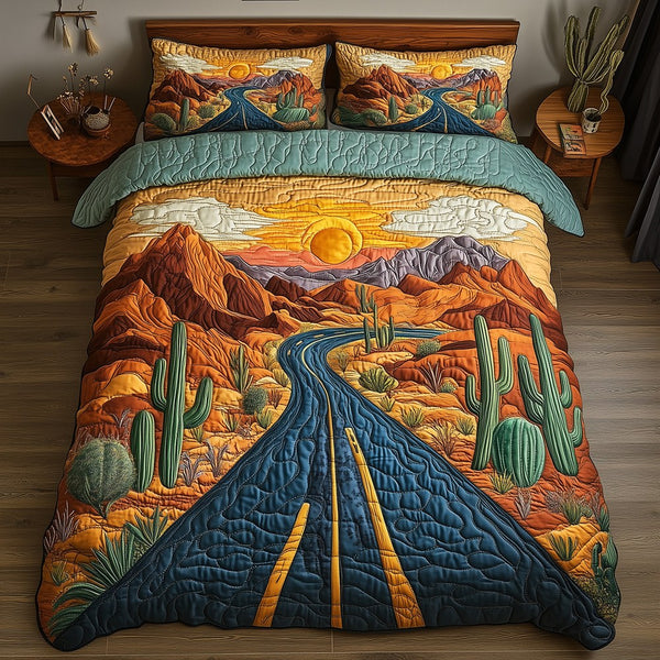 Desert Highway quilted 3-piece bedding set on a made bed with two matching pillow shams