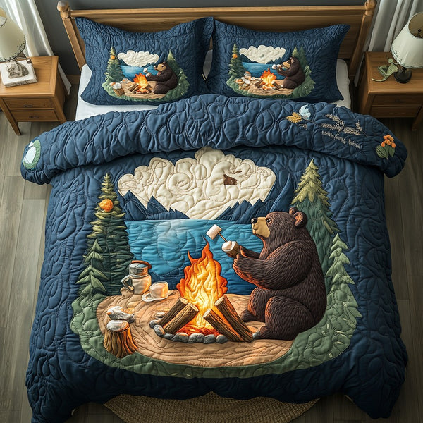 Camping Bear quilted 3-piece bedding set on a made bed with two matching pillow shams