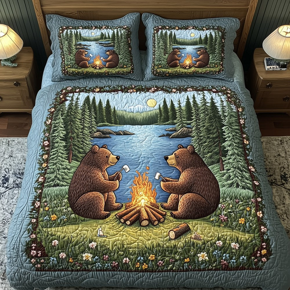 Camping Bear 3-Piece Quilted Bedding Set - Design 3 — quilt and two matching pillow shams