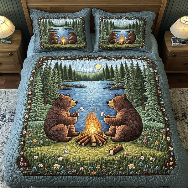 Camping Bear quilted 3-piece bedding set on a made bed with two matching pillow shams