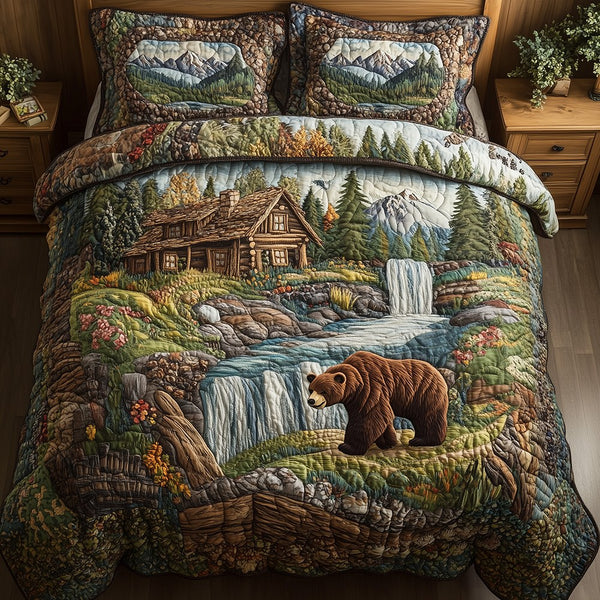 Bear and Cabin quilted 3-piece bedding set on a made bed with two matching pillow shams