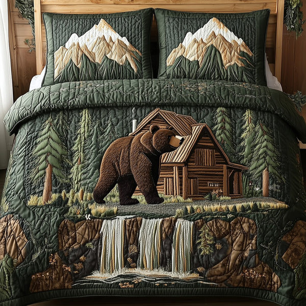 Bear and Cabin quilted 3-piece bedding set on a made bed with two matching pillow shams