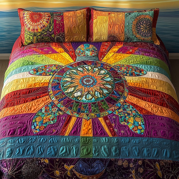 Awakening of the Sea Turtle quilted 3-piece bedding set on a made bed in a light coastal bedroom
