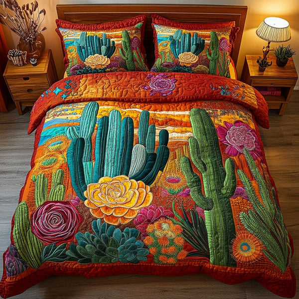 Desert Southwest Blooming quilted 3-piece bedding set on a made bed with two matching pillow shams