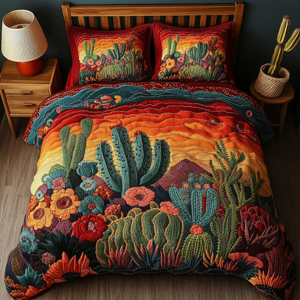 Desert Southwest Blooming quilted 3-piece bedding set on a made bed with two matching pillow shams