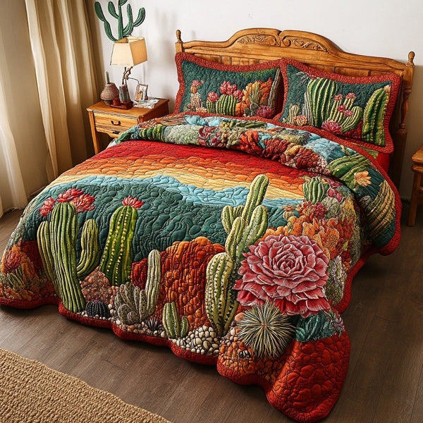 Desert Southwest Blooming quilted 3-piece bedding set on a made bed with two matching pillow shams