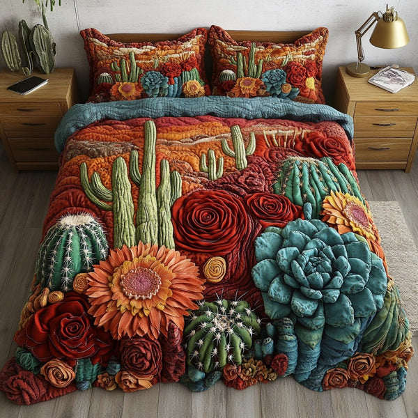 Desert Southwest Blooming 3-Piece Quilted Bedding Set - Design 4 — quilt and two matching pillow shams