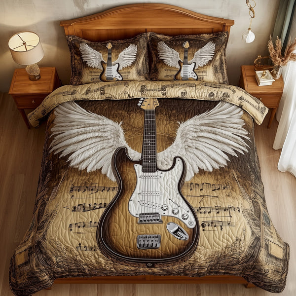 Angle Guitar quilted 3-piece bedding set on a made bed with two matching pillow shams