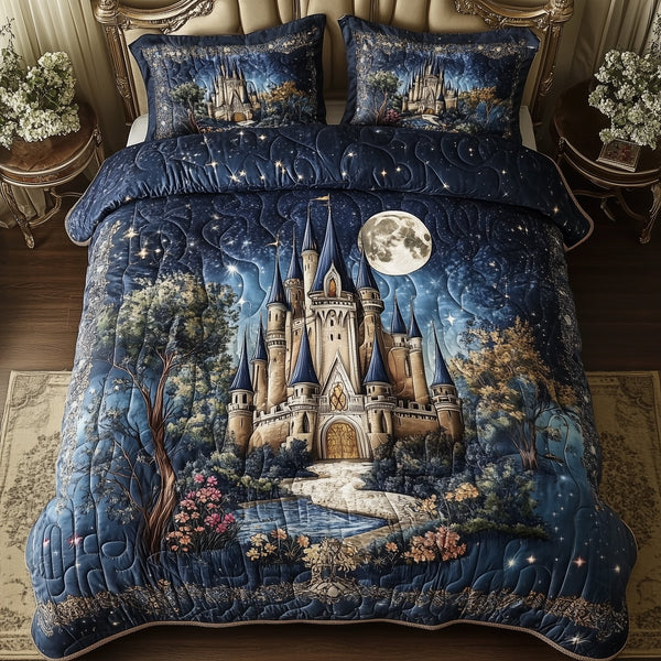 Fairytale Castle quilted 3-piece bedding set on a made bed with two matching pillow shams