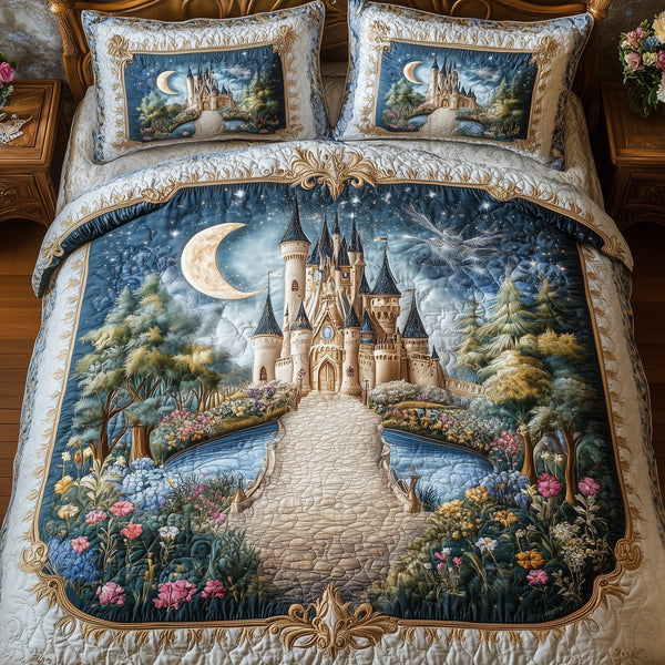 Fairytale Castle quilted 3-piece bedding set on a made bed with two matching pillow shams