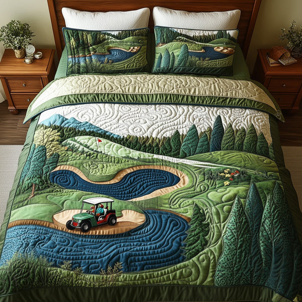 Fairway Freedom quilted 3-piece bedding set on a made bed in a warmly lit bedroom