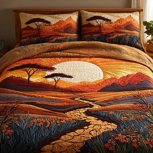 Dried Soil Motherland quilted 3-piece bedding set on a made bed with two matching pillow shams
