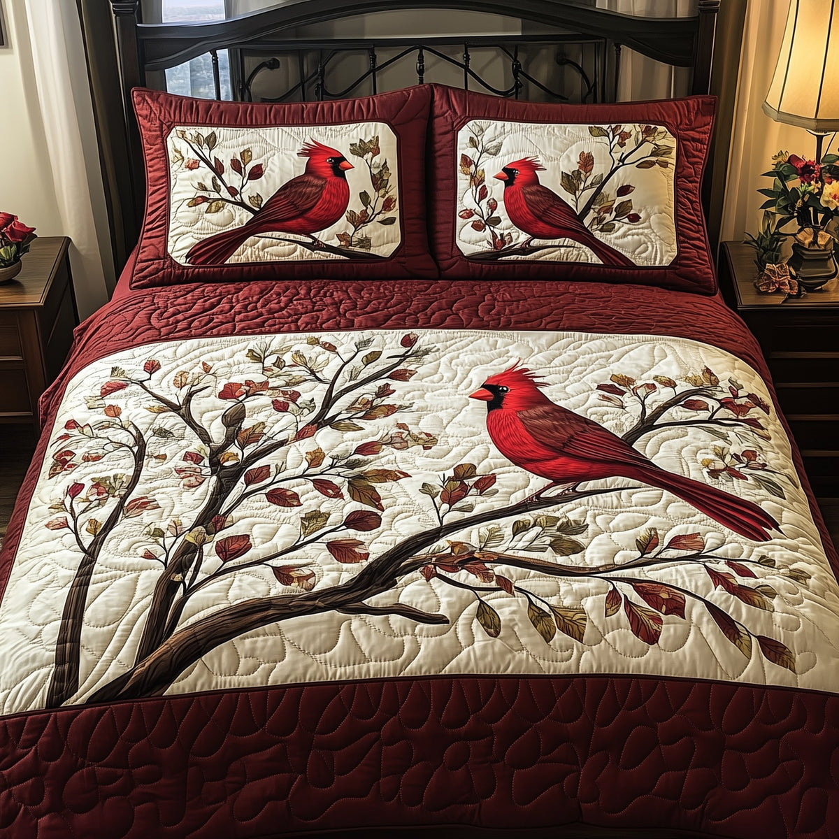 Christmas Cardinal 3-Piece Quilted Bedding Set - Design 2 — quilt and two matching pillow shams
