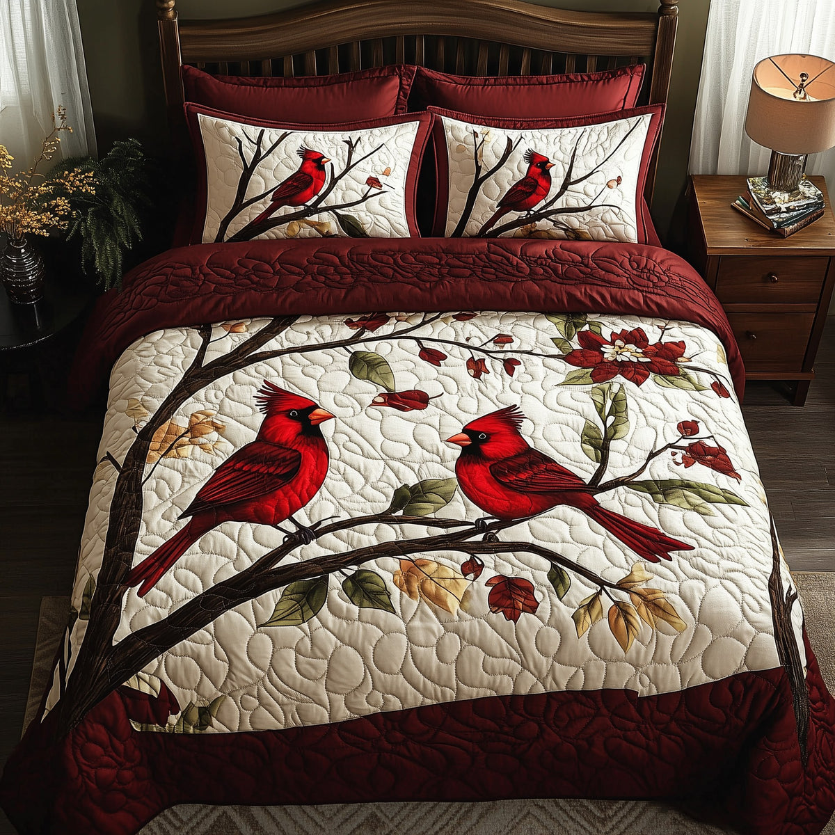 Christmas Cardinal 3-Piece Quilted Bedding Set - Design 3 — quilt and two matching pillow shams