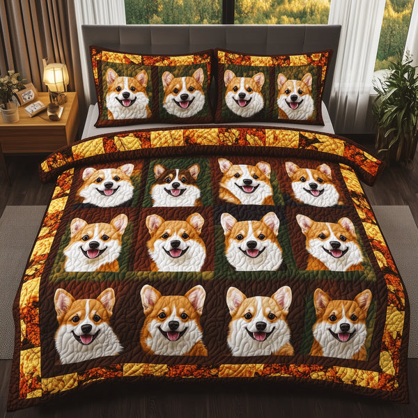 Autumn Corgi quilted 3-piece bedding set on a made bed with two matching pillow shams