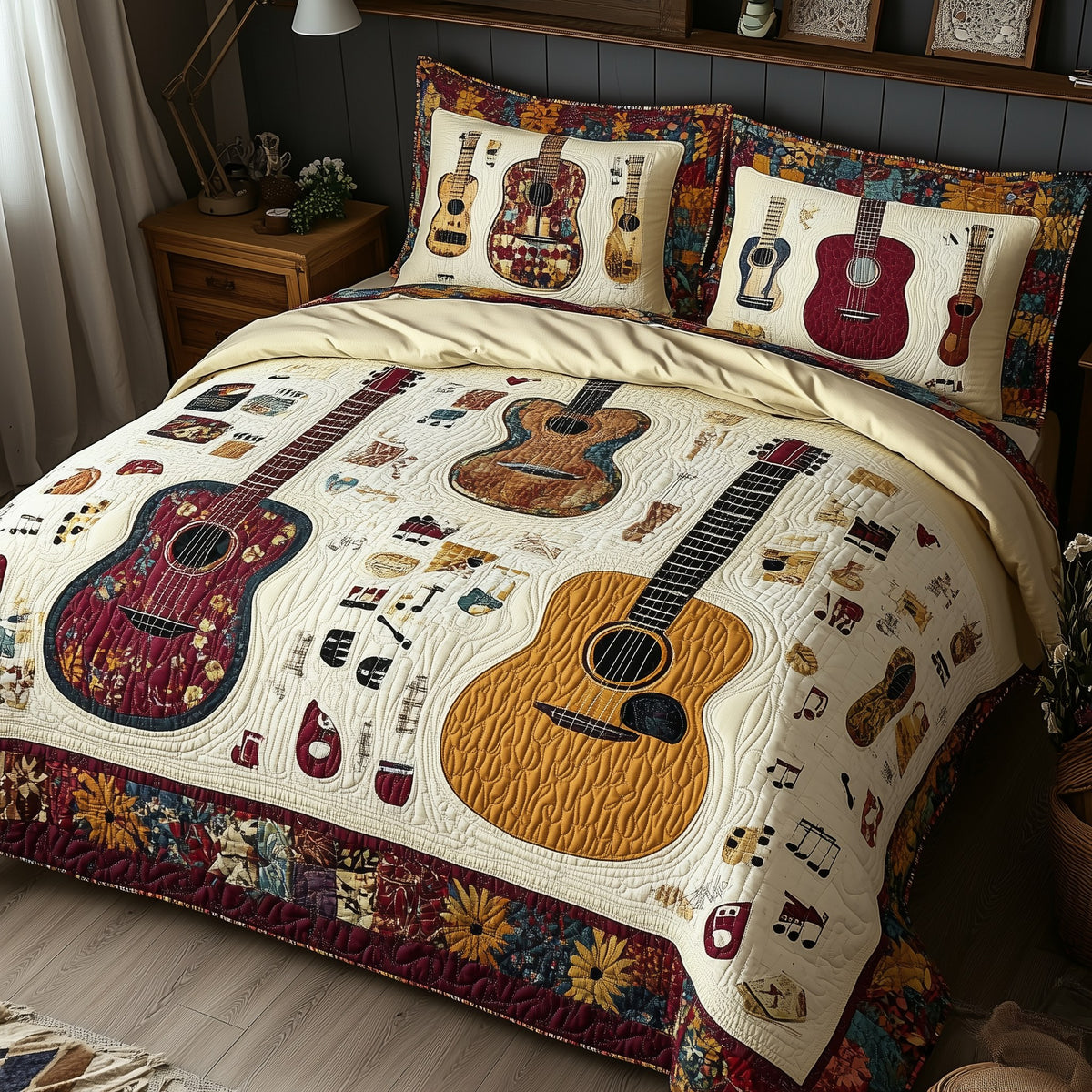 Acoustic Guitar 3-Piece Quilted Bedding Set - Design 1 — quilt and two matching pillow shams