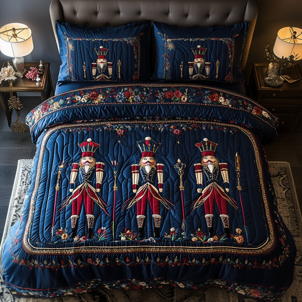 Christmas Nutcracker quilted 3-piece bedding set on a made bed in a winter-styled bedroom