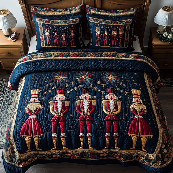 Christmas Nutcracker quilted 3-piece bedding set on a made bed in a winter-styled bedroom