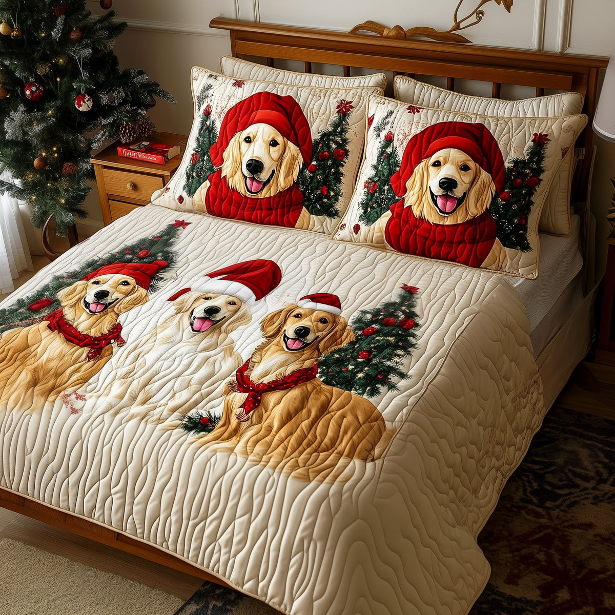Christmas Golden Retriever 3-Piece Quilted Bedding Set - Design 1 — quilt and two matching pillow shams