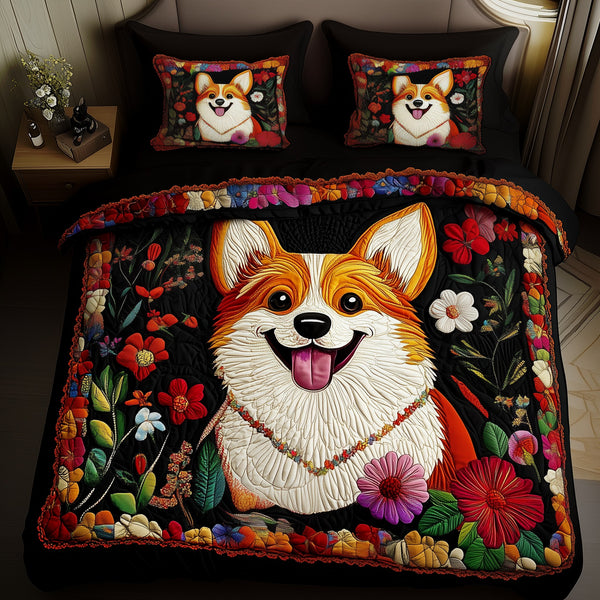 Corgi 3-Piece Quilted Bedding Set - Design 2 — quilt and two matching pillow shams