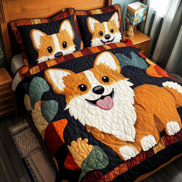 Corgi 3-Piece Quilted Bedding Set - Design 3 — quilt and two matching pillow shams
