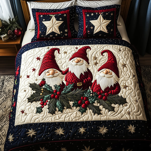 Christmas Gnome quilted 3-piece bedding set on a made bed in a winter-styled bedroom