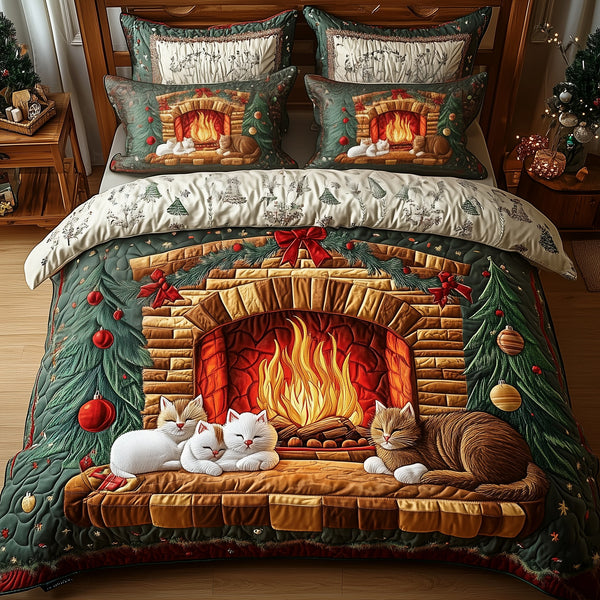 Cats by Fireplace quilted 3-piece bedding set on a made bed with two matching pillow shams