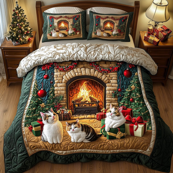 Cats by Fireplace quilted 3-piece bedding set on a made bed with two matching pillow shams