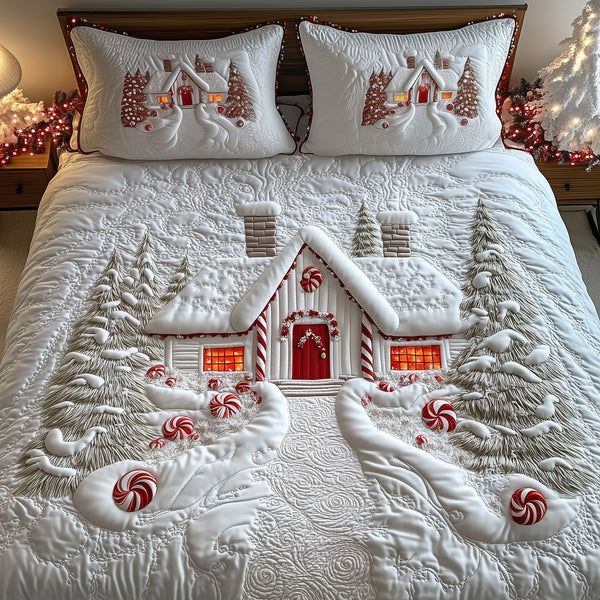 Candy Canes Whimsical House quilted 3-piece bedding set on a made bed with two matching pillow shams