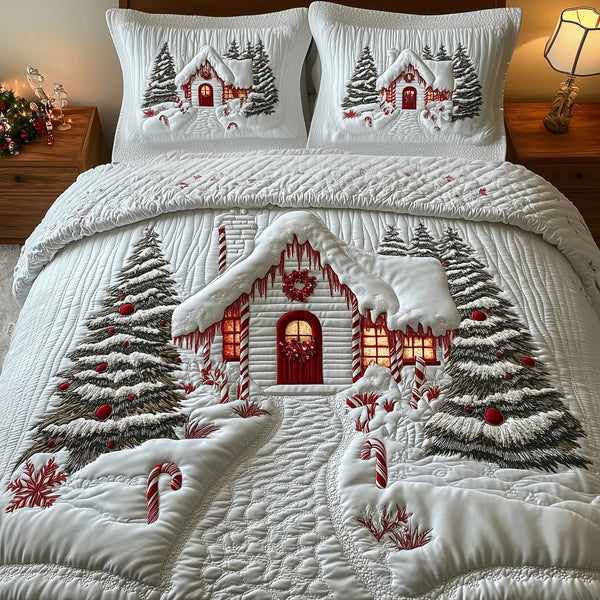 Candy Canes Whimsical House quilted 3-piece bedding set on a made bed with two matching pillow shams