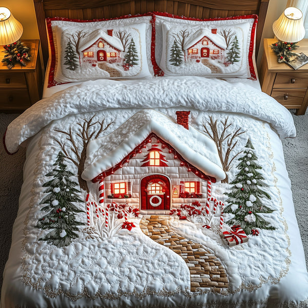 Candy Canes Whimsical House quilted 3-piece bedding set on a made bed with two matching pillow shams