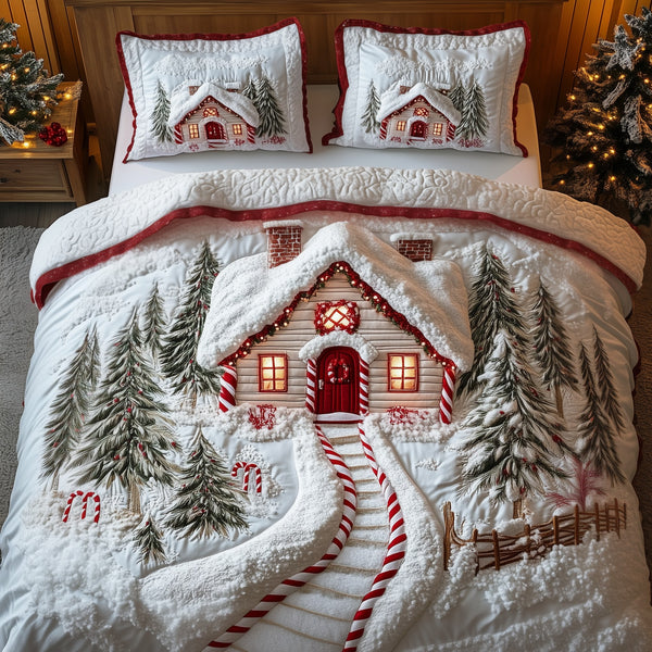 Candy Canes Whimsical House quilted 3-piece bedding set on a made bed with two matching pillow shams