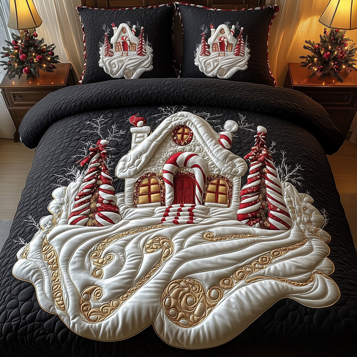 Candy Canes Whimsical House 3-Piece Quilted Bedding Set - Design 5 — quilt and two matching pillow shams