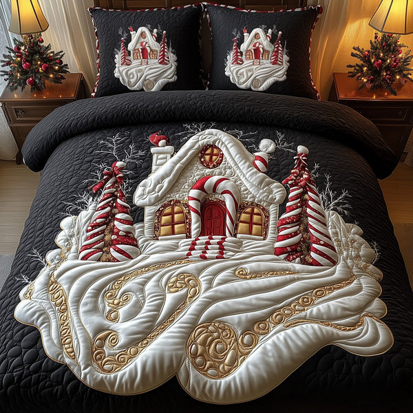 Candy Canes Whimsical House quilted 3-piece bedding set on a made bed with two matching pillow shams