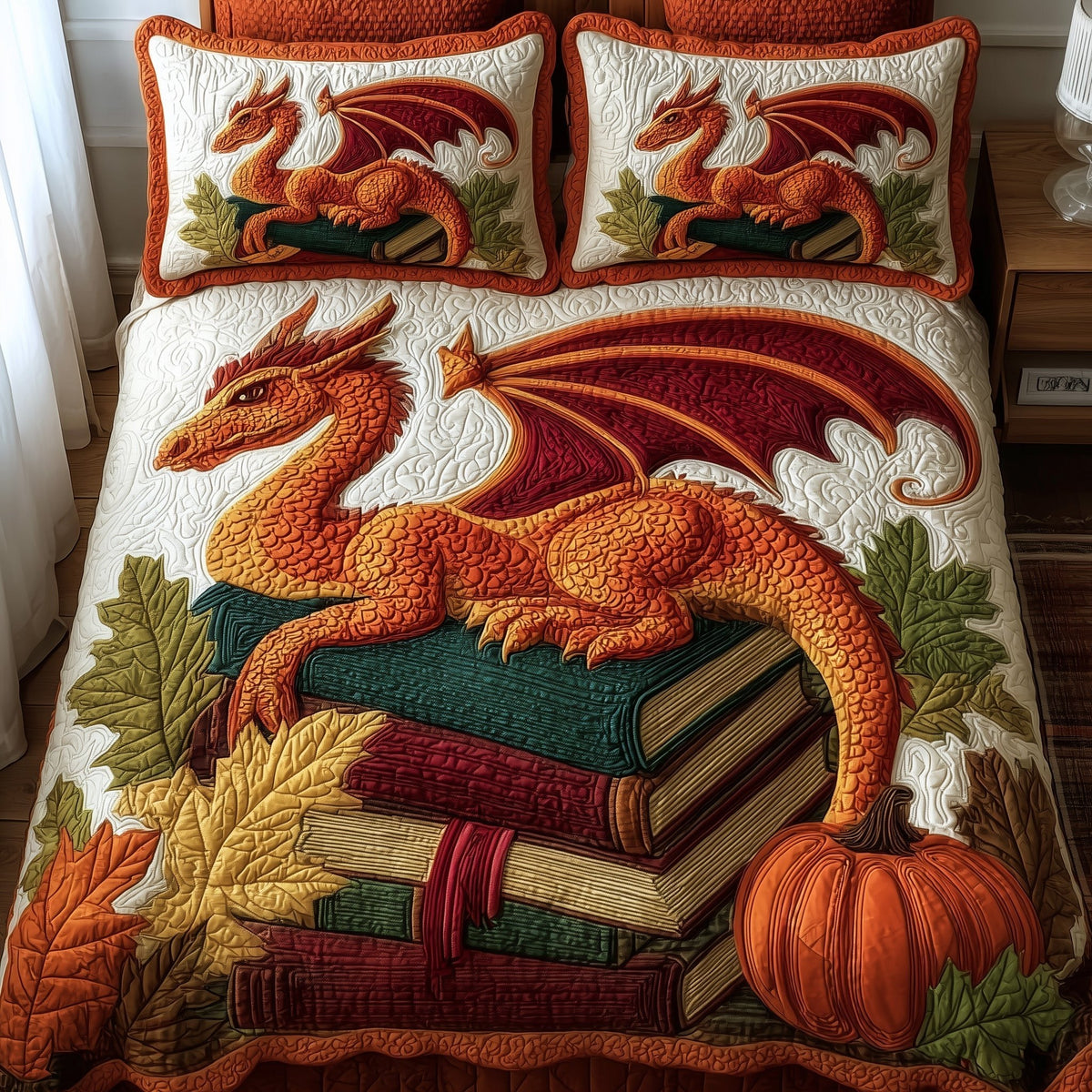 Autumn Library 3-Piece Quilted Bedding Set - Design 12 — quilt and two matching pillow shams