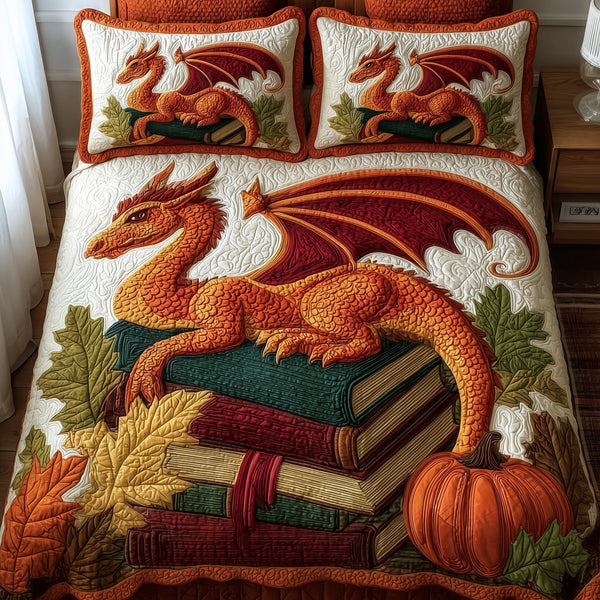 Autumn Library quilted 3-piece bedding set on a made bed with two matching pillow shams