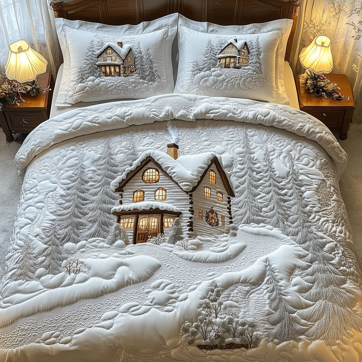Elegant White Christmas Cabin 3-Piece Quilted Bedding Set - Design 1 — quilt and two matching pillow shams