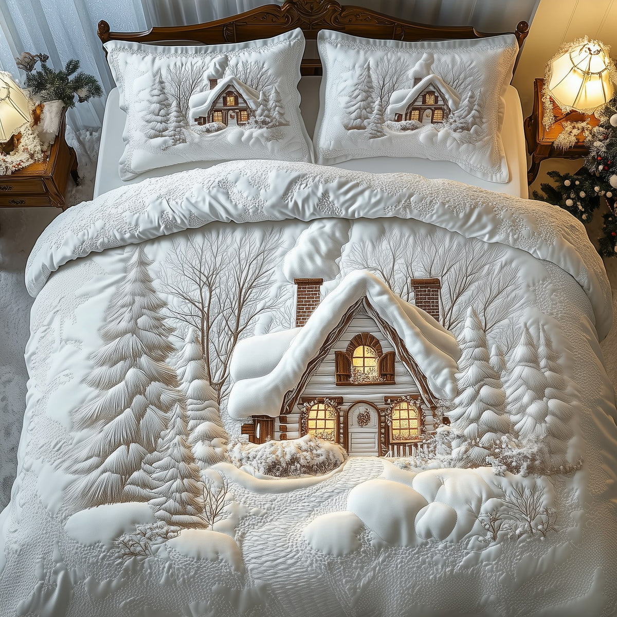 Elegant White Christmas Cabin 3-Piece Quilted Bedding Set - Design 2 — quilt and two matching pillow shams